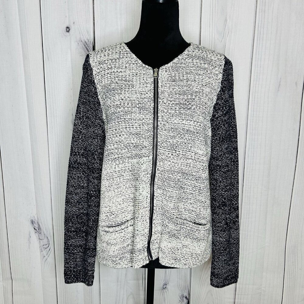 Talbots Sweater Womens Sz M Sparkly Full Zip Colorblock Pockets Gray Navy